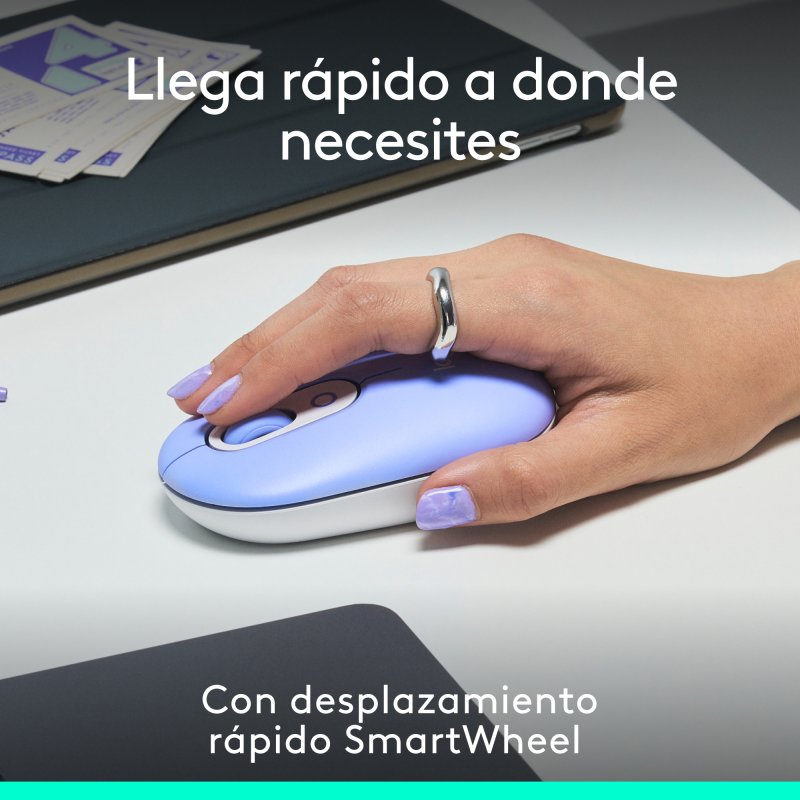 Detalle de Logitech POP Mouse Inalámbrico Compacto (Lilá) con Emojis Personalizables