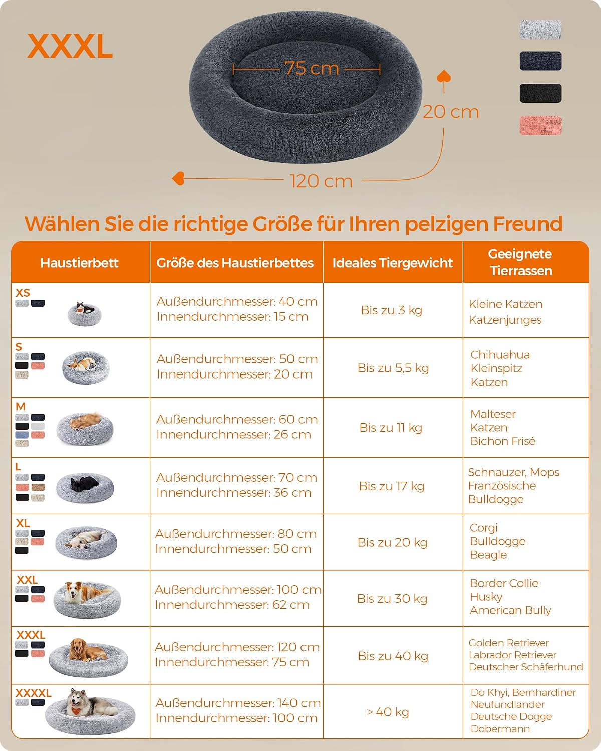 Detalle de Feandrea Hundebett flauschig Donut-Kissen 120 cm (PGW043G02) – waschbar, herausnehmbare Mitte, Anti-Rutsch