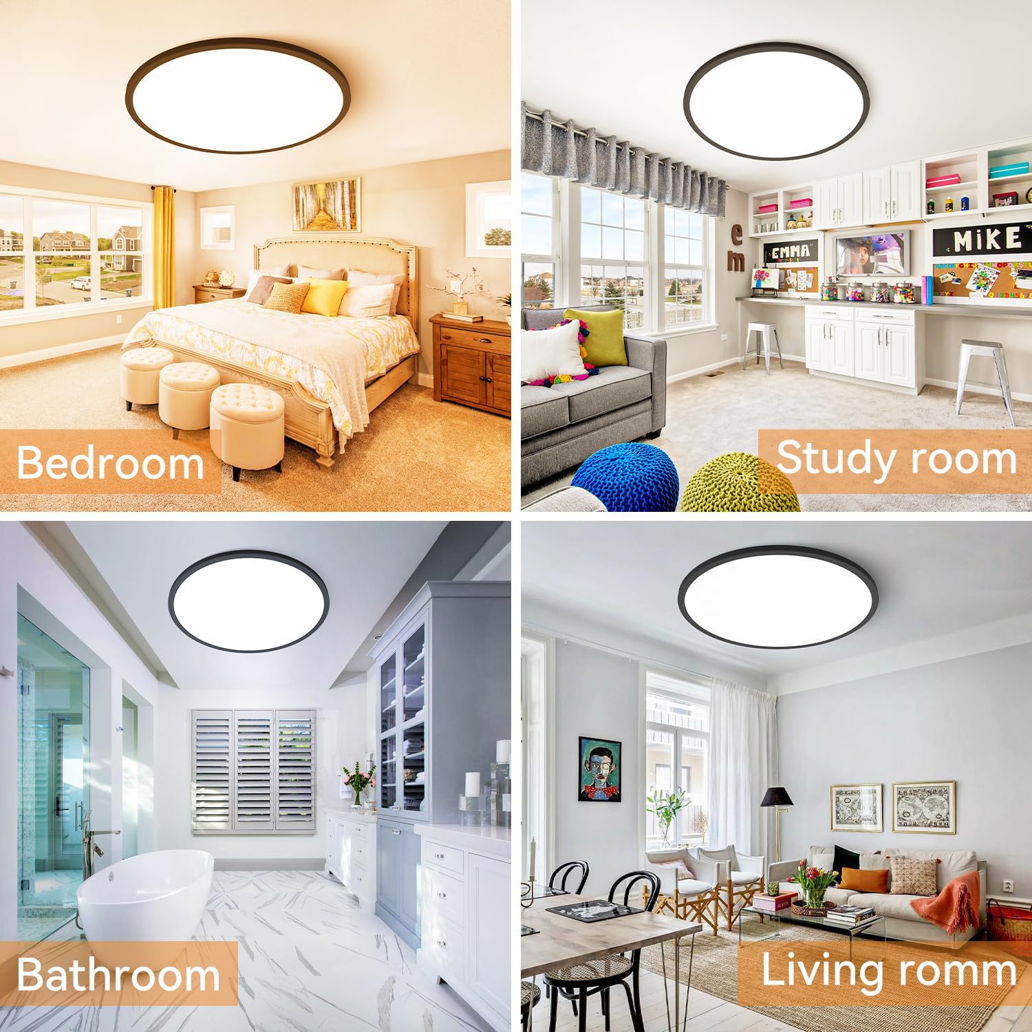 Thumbnail 5 de slochi LED-Deckenleuchte flach 36W, Ø40 cm, 3-Farb-Modus (3000K/4000K/6500K) – IP44 für Bad & Küche, Schwarz