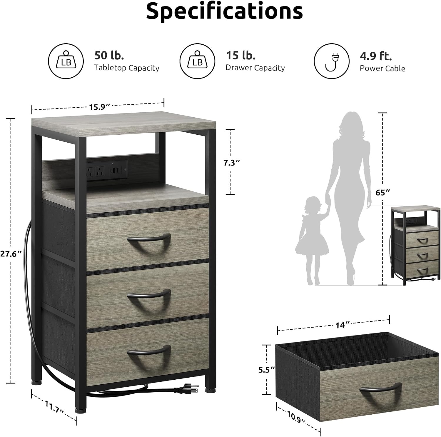 Thumbnail 2 de Lazzanto NightStand Bedside Charging Table with USB-C, USB Ports, and 2 Outlets