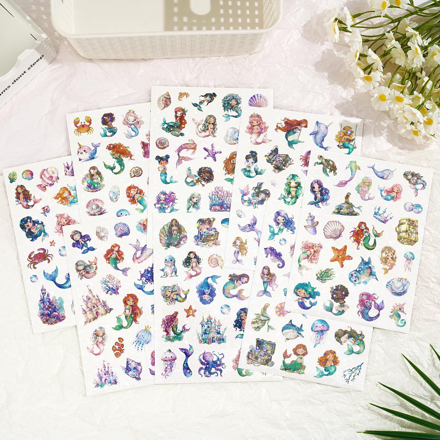 Detalle de Meerjungfrau Glitzer Sticker-Set: 8 Blatt mit über 200 Motiven, holografische Glitzerfolie
