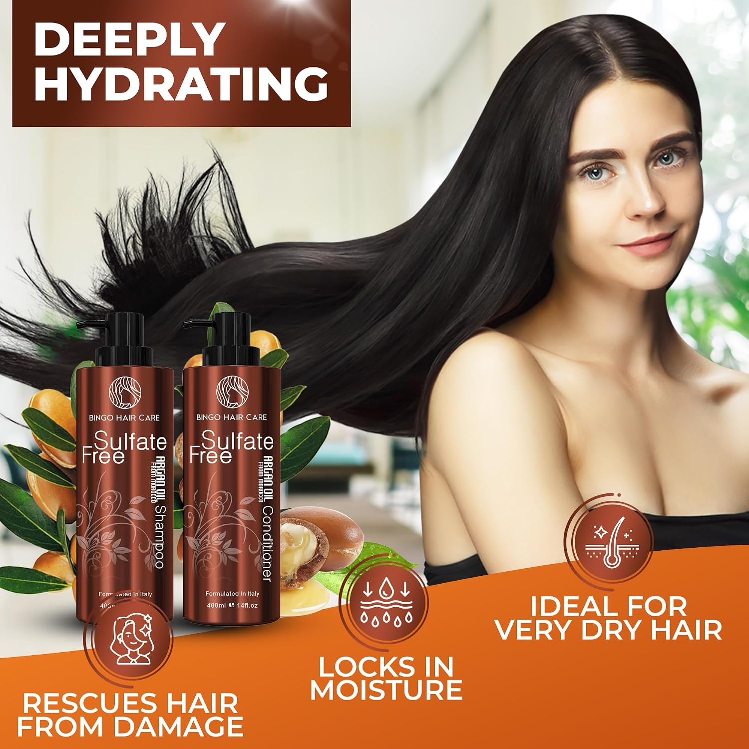 Detalle de BINGO HAIR CARE Moroccan Argan Oil Shampoo and Conditioner Set, Sulfate-Free