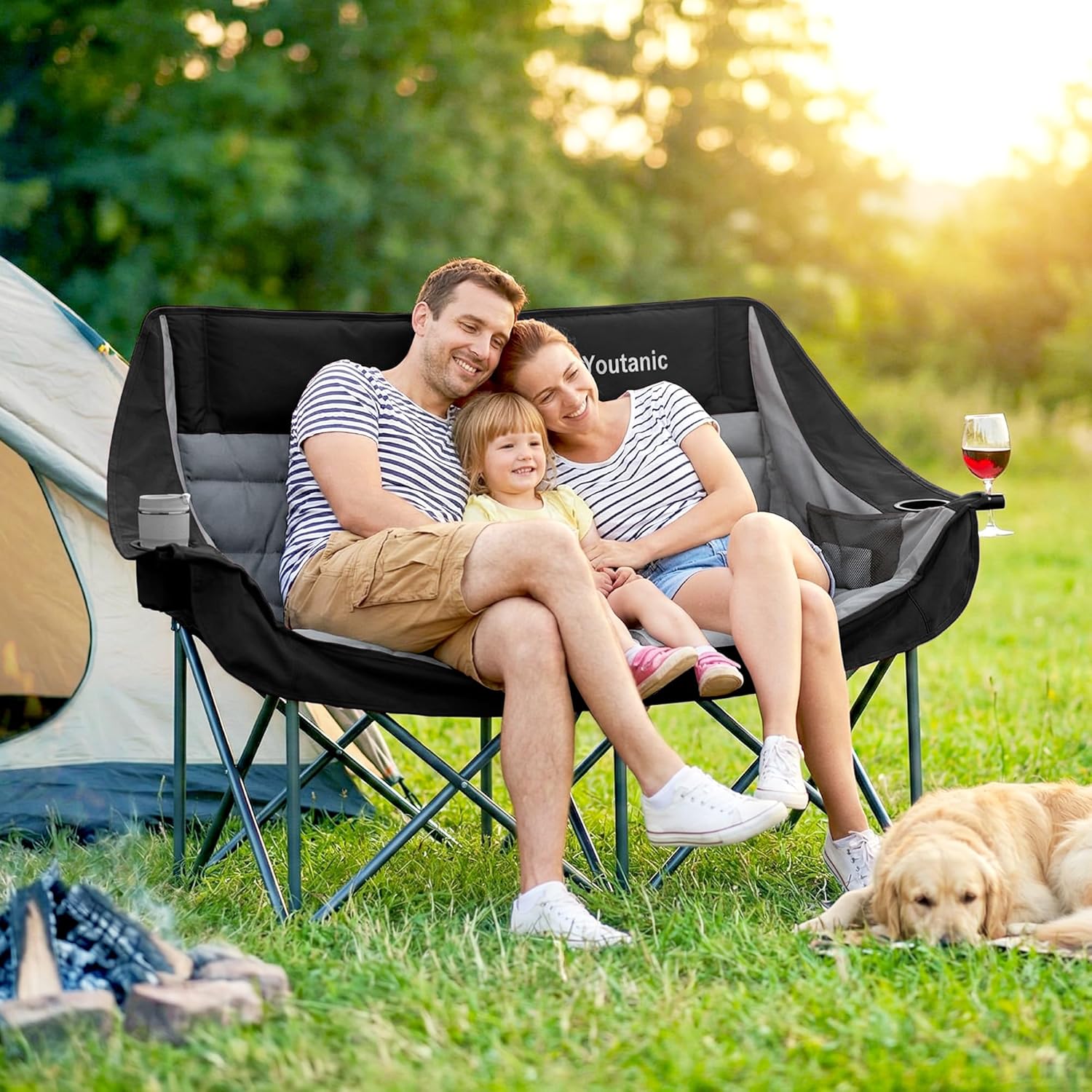 Thumbnail 1 de Youtanic Oversized Double Camping Chair (Folding Loveseat) with Cup Holder, Pockets & Carry Bag, Black