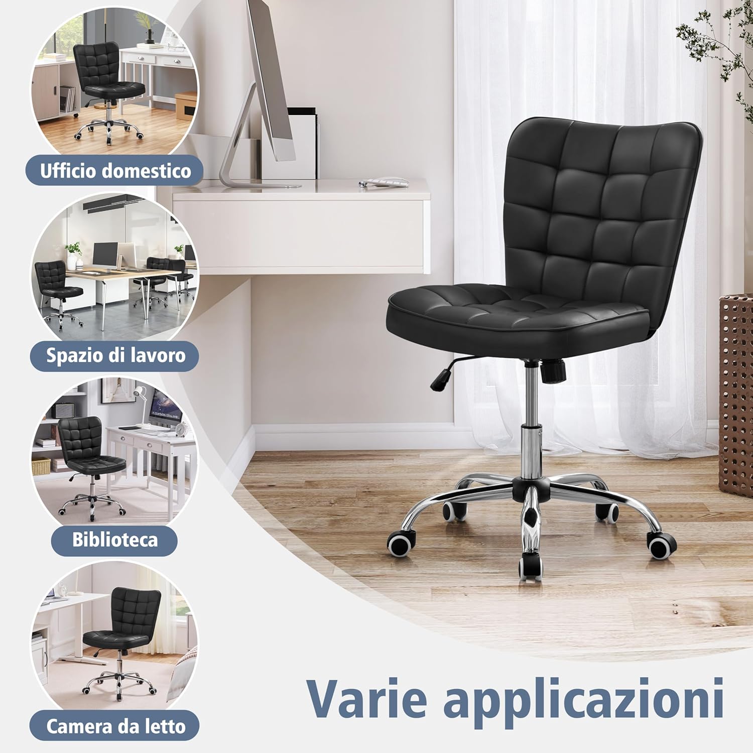 Detalle 2 de Yaheetech Srivania sedia ufficio ergonomica senza braccioli in ecopelle imbottita, girevole 360° e funzione dondolo, altezza regolabile fino a 136 kg