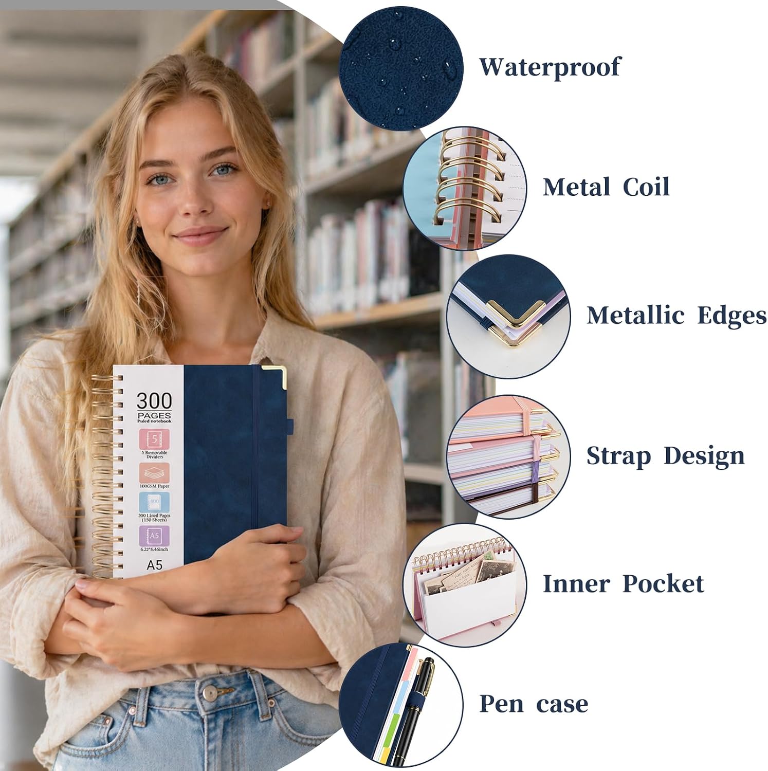 Detalle de MOFELON A5 Notebook with Dividers: 300-Page Spiral Journal in Navy Blue
