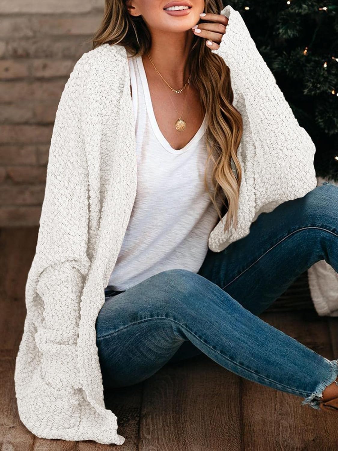 Detalle 2 de Saodimallsu Popcorn Knit Oversized Open Cardigan for Women
