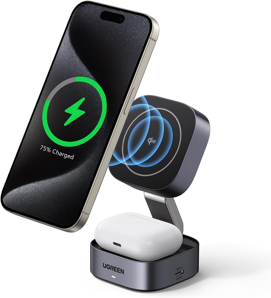 Detalle de UGREEN MagFlow Qi2 15W 2-in-1 opvouwbaar magnetisch laadstation