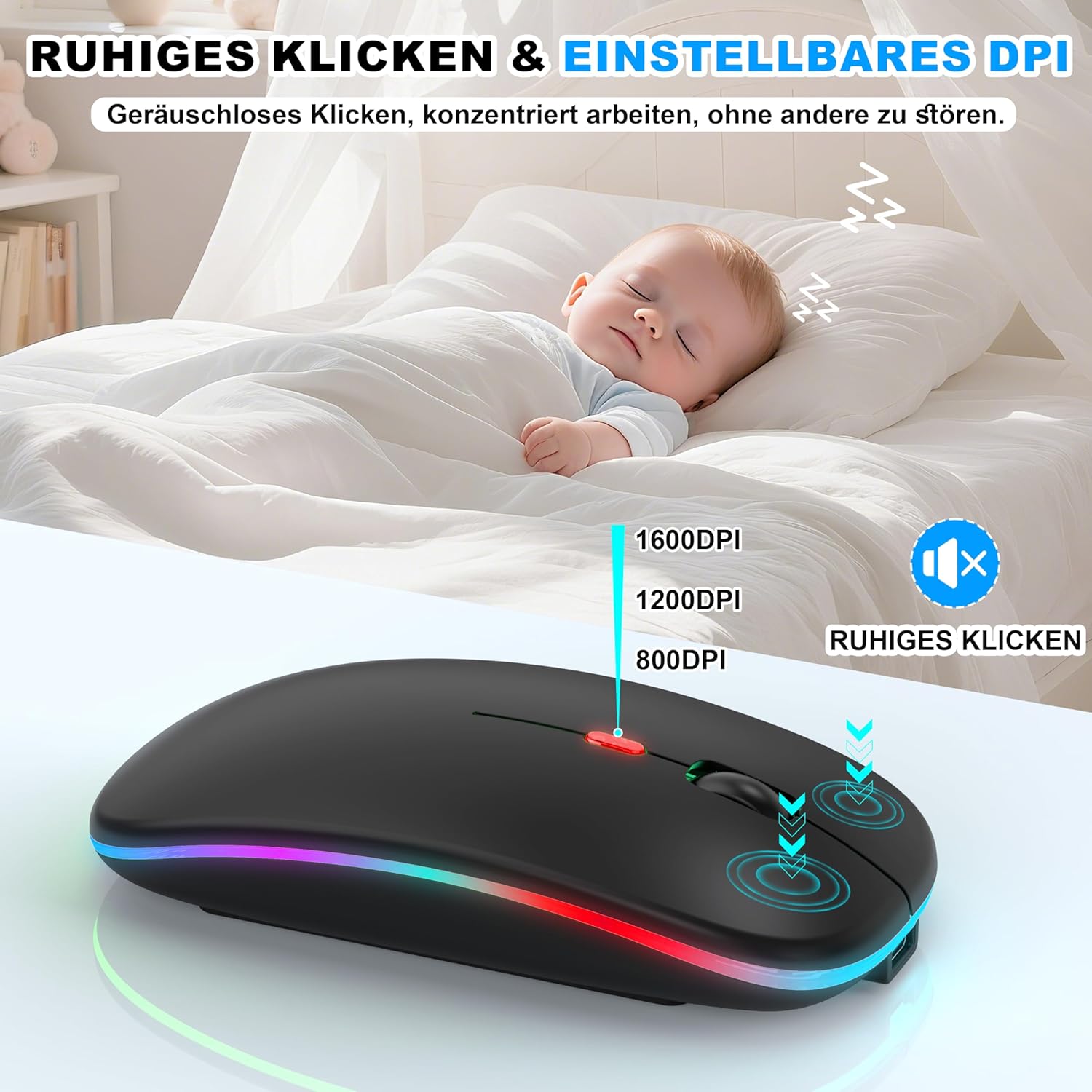 Thumbnail 4 de Azmall kabellose Maus mit Jiggler-Modus – Bluetooth 5.2 & 2,4G Funk, 1600 DPI, Schwarz