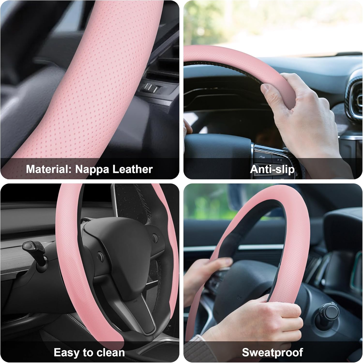 Detalle 2 de Frani Nappa Leather Steering Wheel Cover (Universal 15 Inch) – Light Pink Anti-Slip Comfort Grip