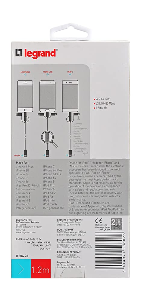 Detalle de Legrand Cordon USB Type-A vers micro USB, USB-C ou Lightning — câble multi-connecteur 1,2 m