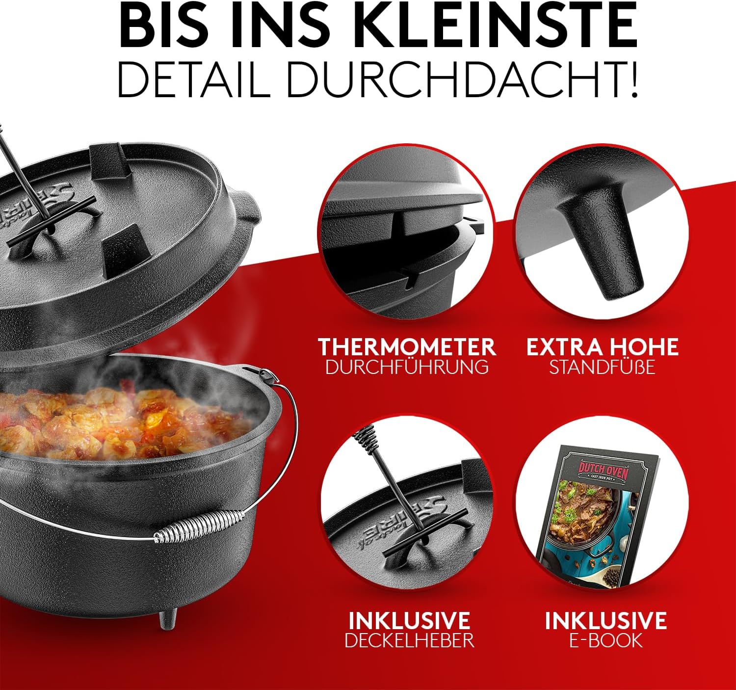 Thumbnail 1 de Taste of Fire [Das Original] – 7,4 l Dutch Oven Set mit Deckel 1,8 l, Standfüßen, Deckelheber und E-Book