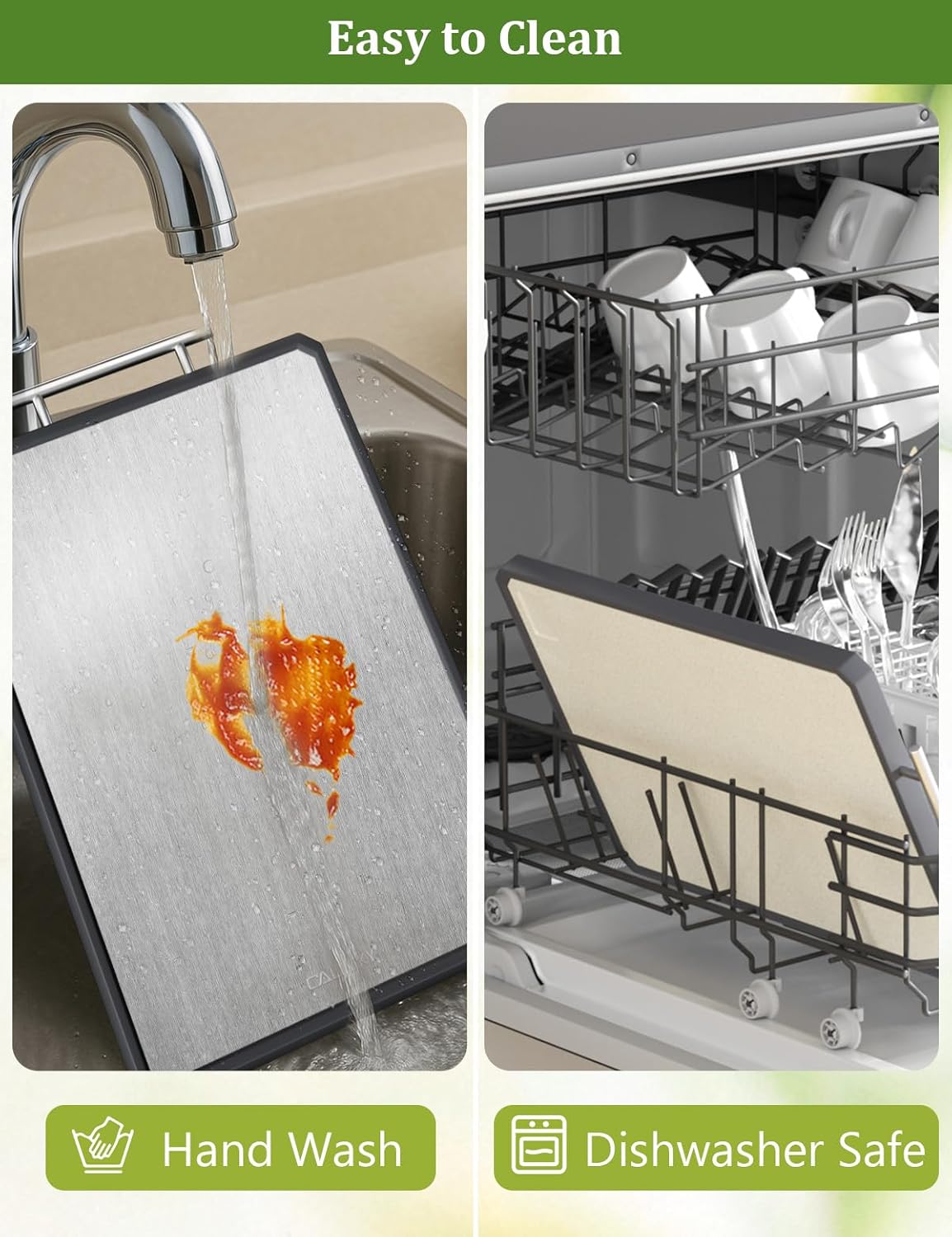 Detalle de Callsky large titanium chopping board (41.5 x 28cm) – double-sided metal cutting board with wheat straw surface