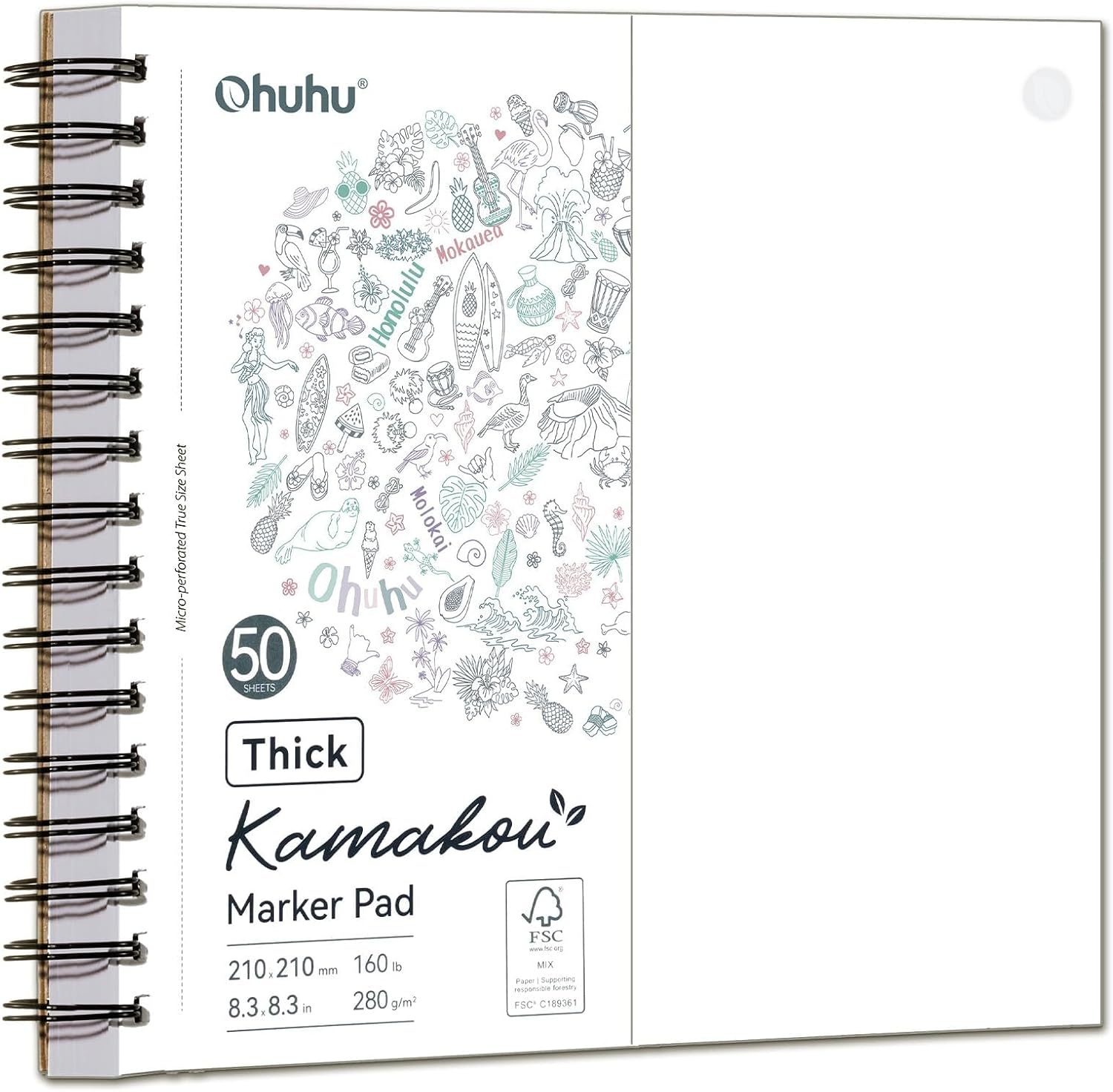 Detalle de Ohuhu Sketchbook – Double-Sided Bleedproof Marker Pad (280GSM), 50 Sheets / 100 Pages, Spiral Bound, 8.3" x 8.3