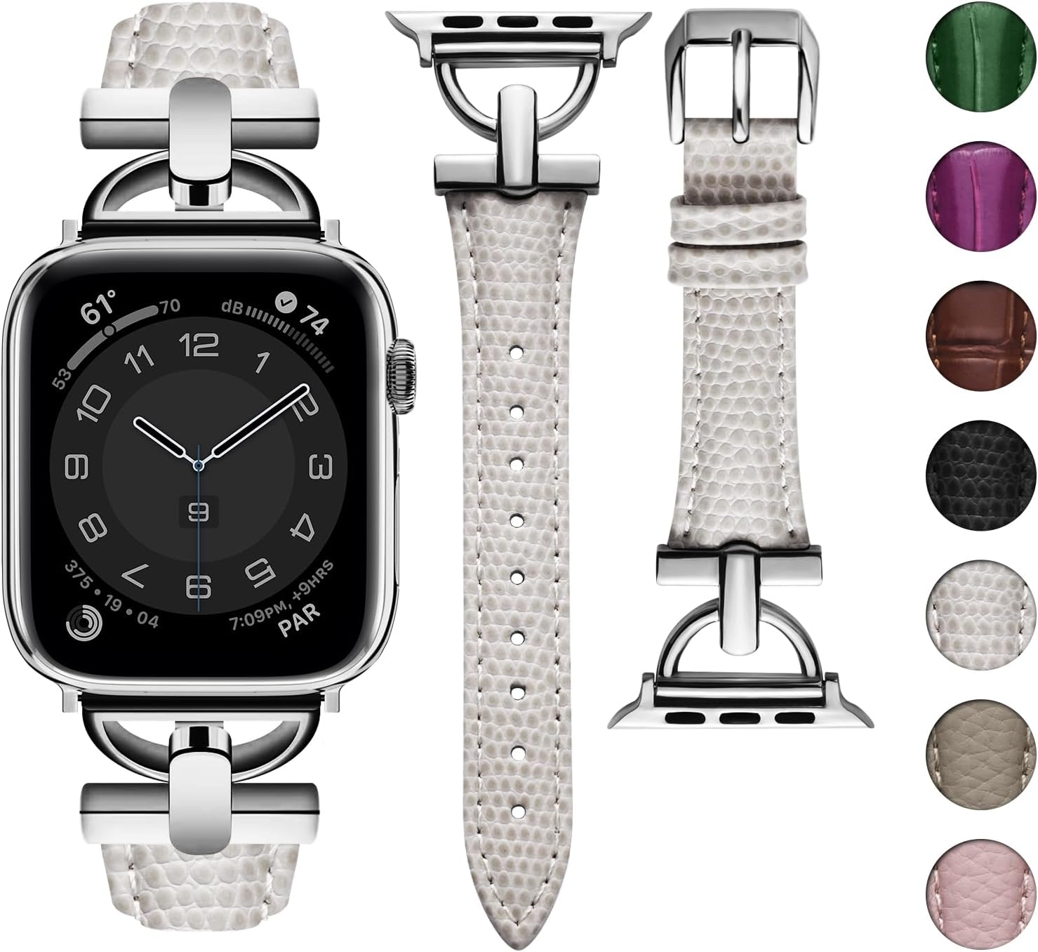 Detalle de Wutwuk Leather Apple Watch Strap for Women — 38–42mm with D-Buckle (White & Silver), Compatibility with SE/Series 1–11