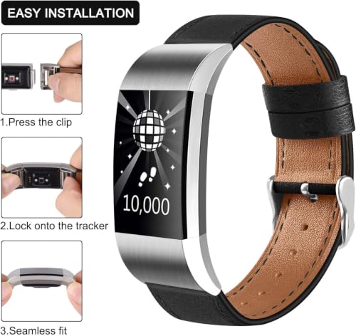 Detalle de Longzhuo Ersatz-Armband für Fitbit Charge 2 – echtes Leder, Schwarz