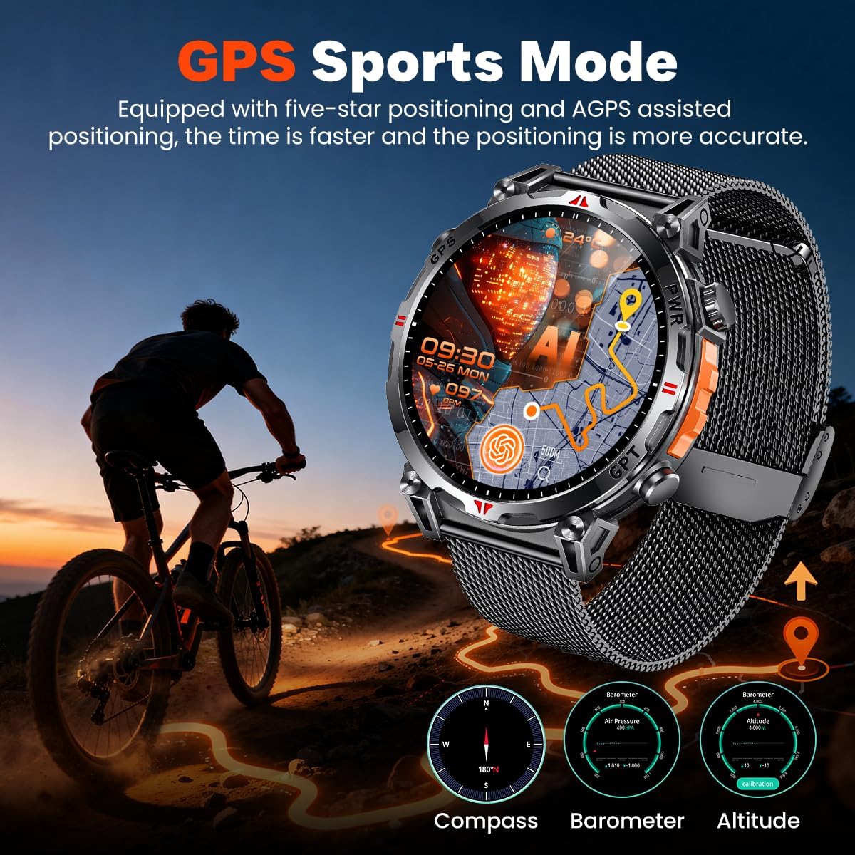 Thumbnail 2 de Montre connectée GPS homme AMOLED 1,7" Amoeld avec boussole, altimètre, baromètre et appels Bluetooth