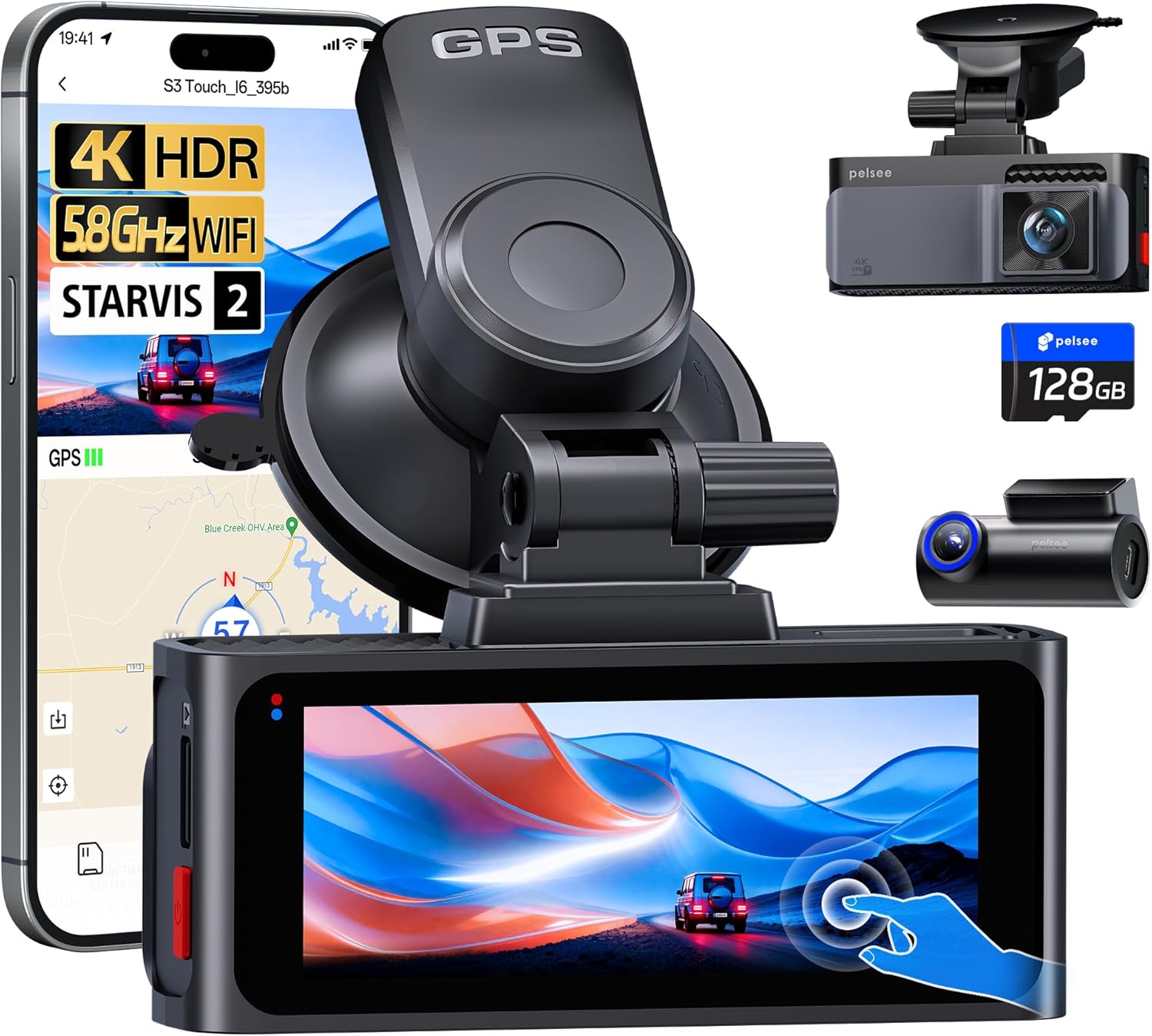 Detalle de Pelsee S3 Touch 4K Dash Cam Front and Rear with STARVIS 2, Night Vision, WiFi 6, ADAS, 128GB Included