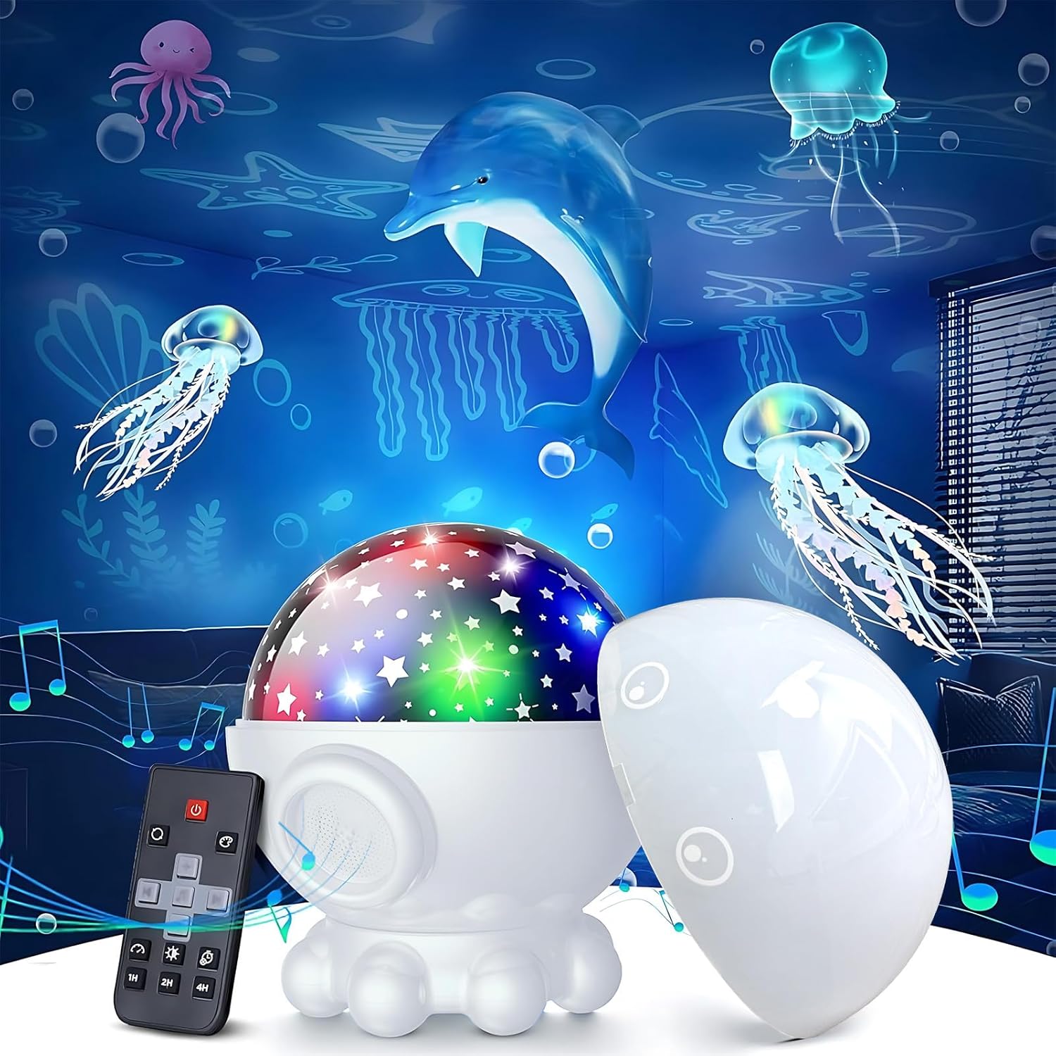 Octopus Night Light Projector for Kids – 360° ocean star projector with remote, timer & 17 light modes (white)
