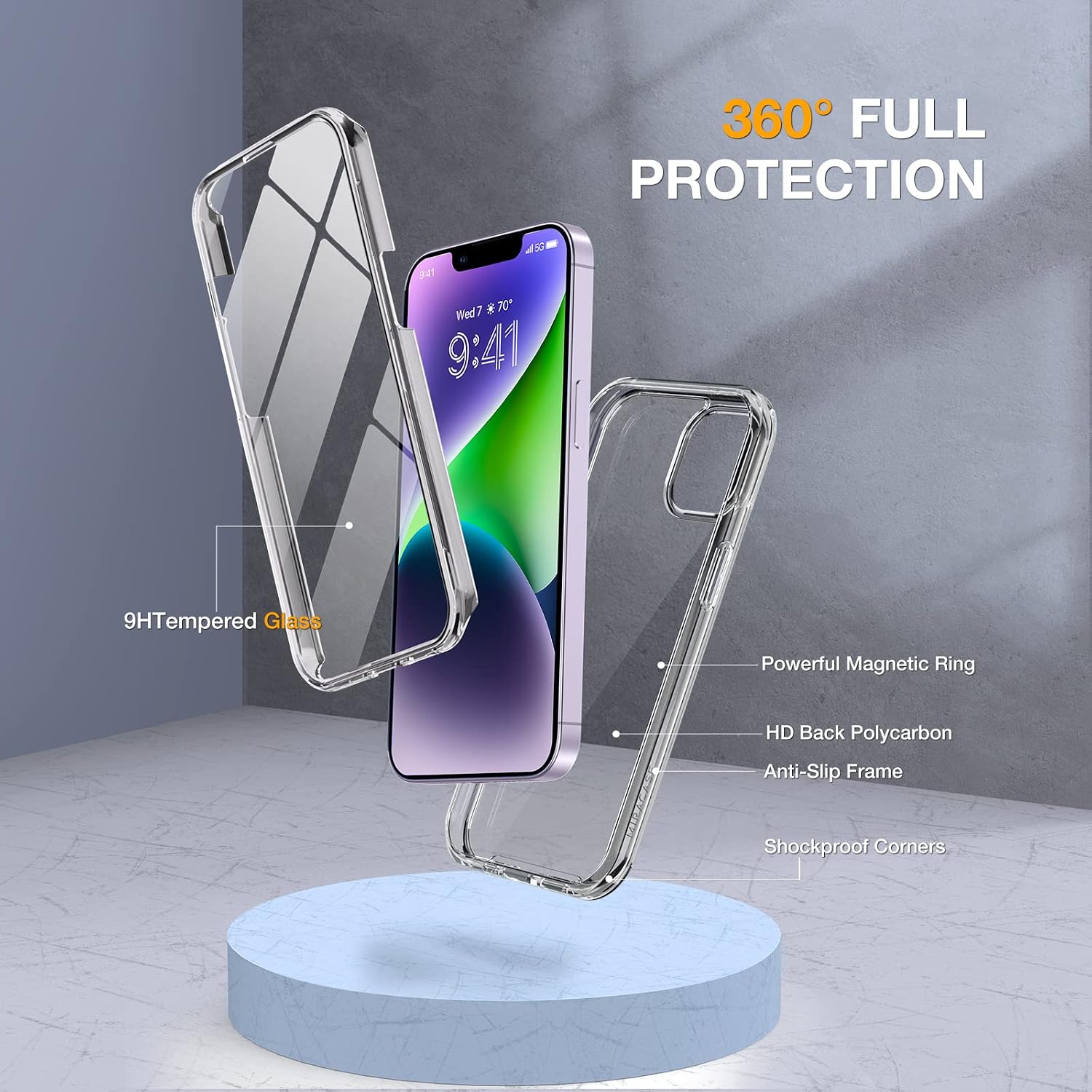Detalle de Miracase 360-Grad Hülle fürs iPhone 13/14 (6,1 Zoll) – integrierter Displayschutz aus Glas, Vollschutz aus Polycarbonat