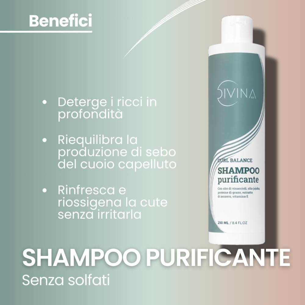 Detalle de DIVINA BLK Curl Balance Shampoo Purificante 250 ml: detersione delicata per capelli mossi, ricci, afro