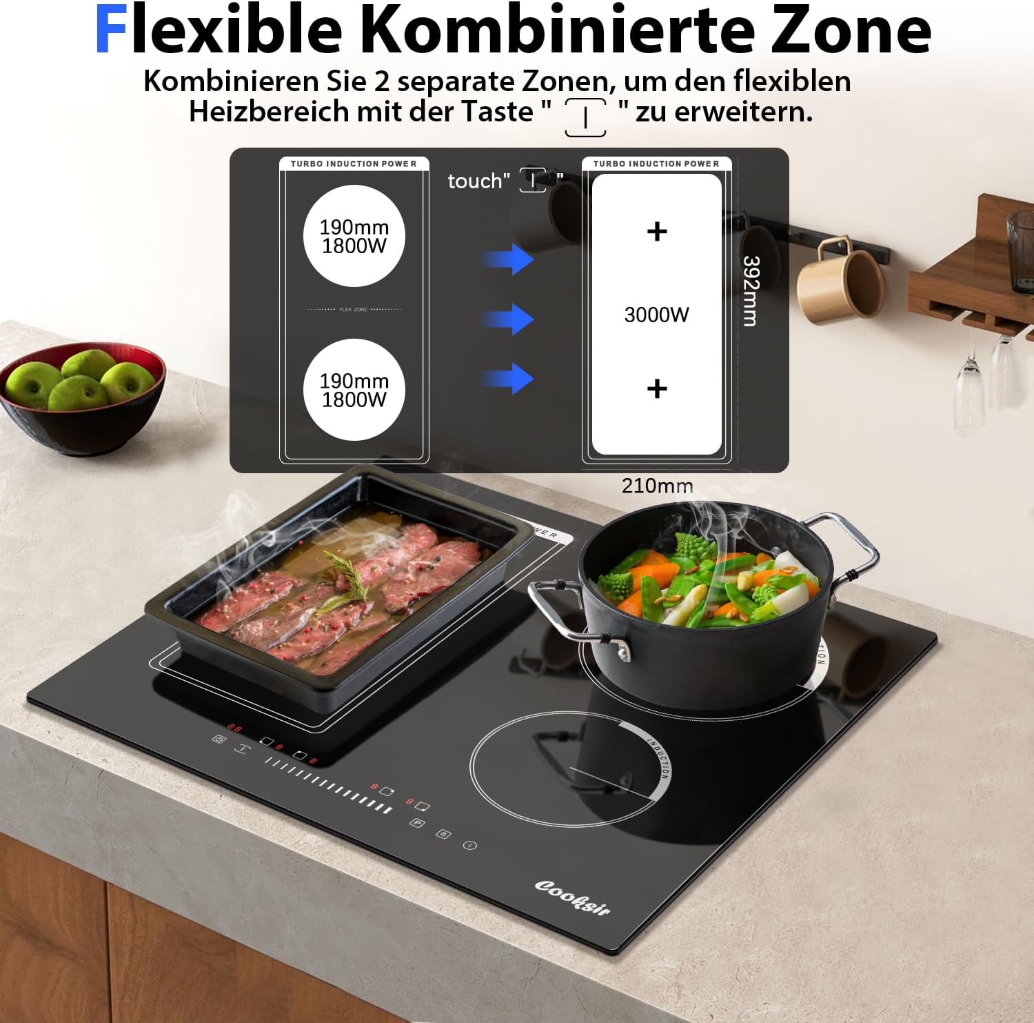 Detalle 2 de Cooksir Induktionskochfeld 59 cm, 4 Platten, Stecker, 3.500 W – Slider-Touch mit Kombizone