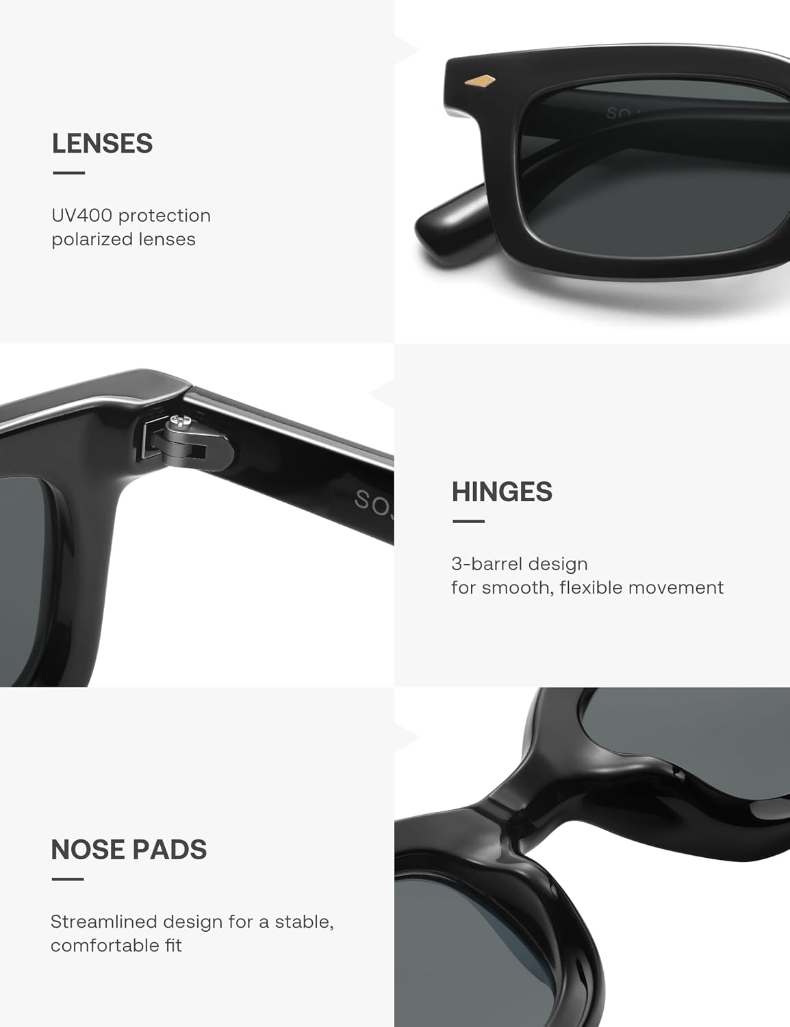 Detalle de SOJOS Lunettes de soleil Ecik polarisées SJ2628 – Carré rétro, légère et polyvalente