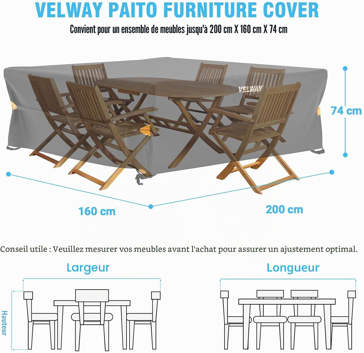 Thumbnail 1 de Velway Housse pour Salon de Jardin Extérieur avec Évent – Noir 200x160x74 cm