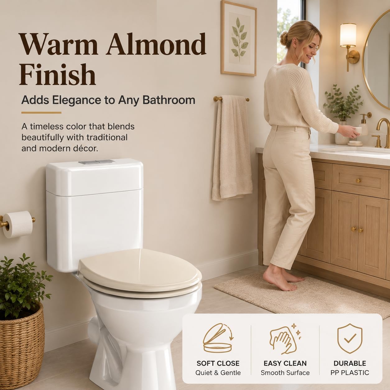 Detalle de Meydrdou 16.5-Inch Round Toilet Seat, Almond PP Plastic, Soft-Close Lid