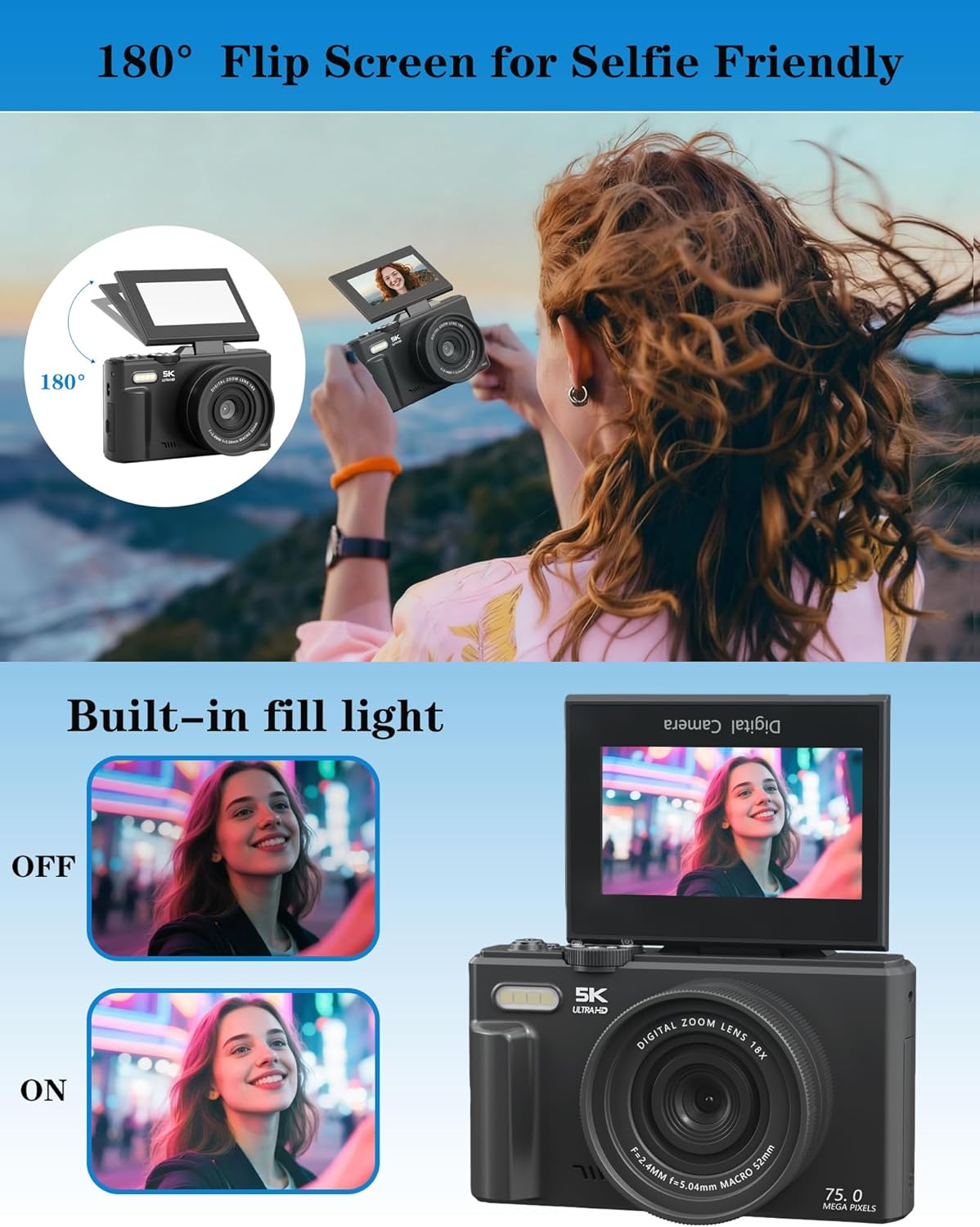 Thumbnail 3 de EYEPICK 5K Digital Camera (75MP) with 180° Flip Screen, WiFi & 18X Zoom, 64GB Kit – Black