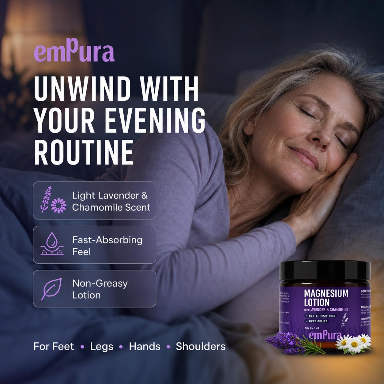Detalle de EMPURA Magnesium Lotion with Lavender & Chamomile — Fast-Absorbing Muscle Comfort and Nighttime Relief (4oz)