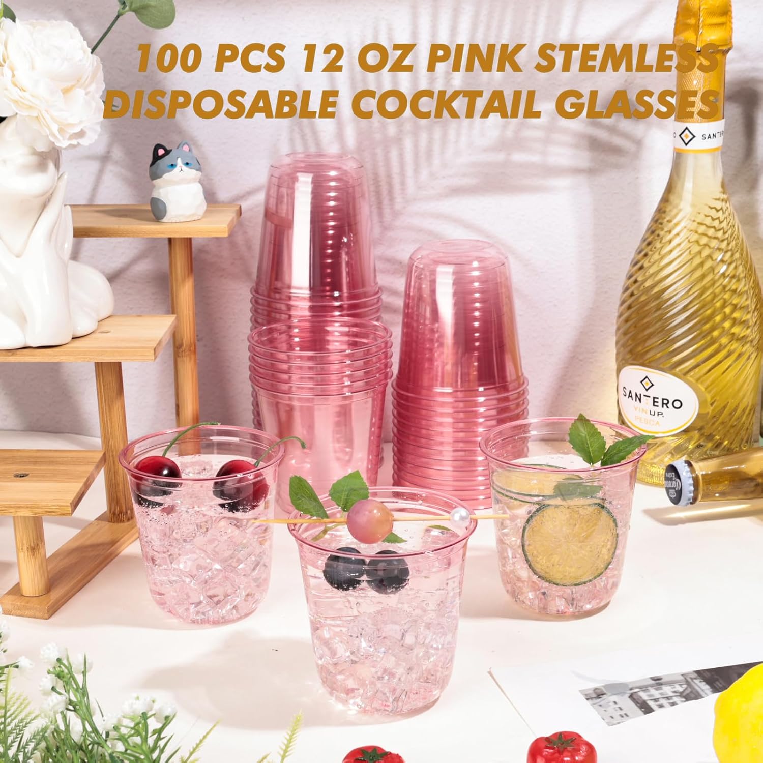 Detalle de KesaPlan 100 Pcs Pink 12oz Plastic Stemless Wine Glasses