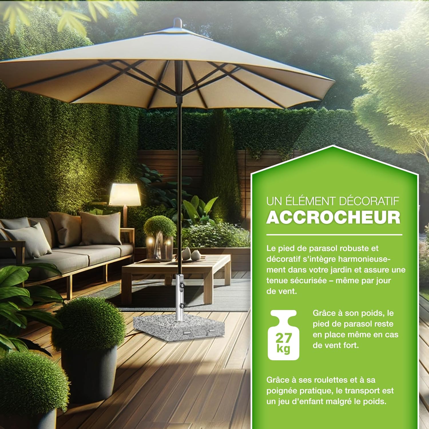 Thumbnail 5 de tillvex Pied de Parasol Angulaire en Granit avec Roulettes et Tube en Acier Inoxydable – 27 kg