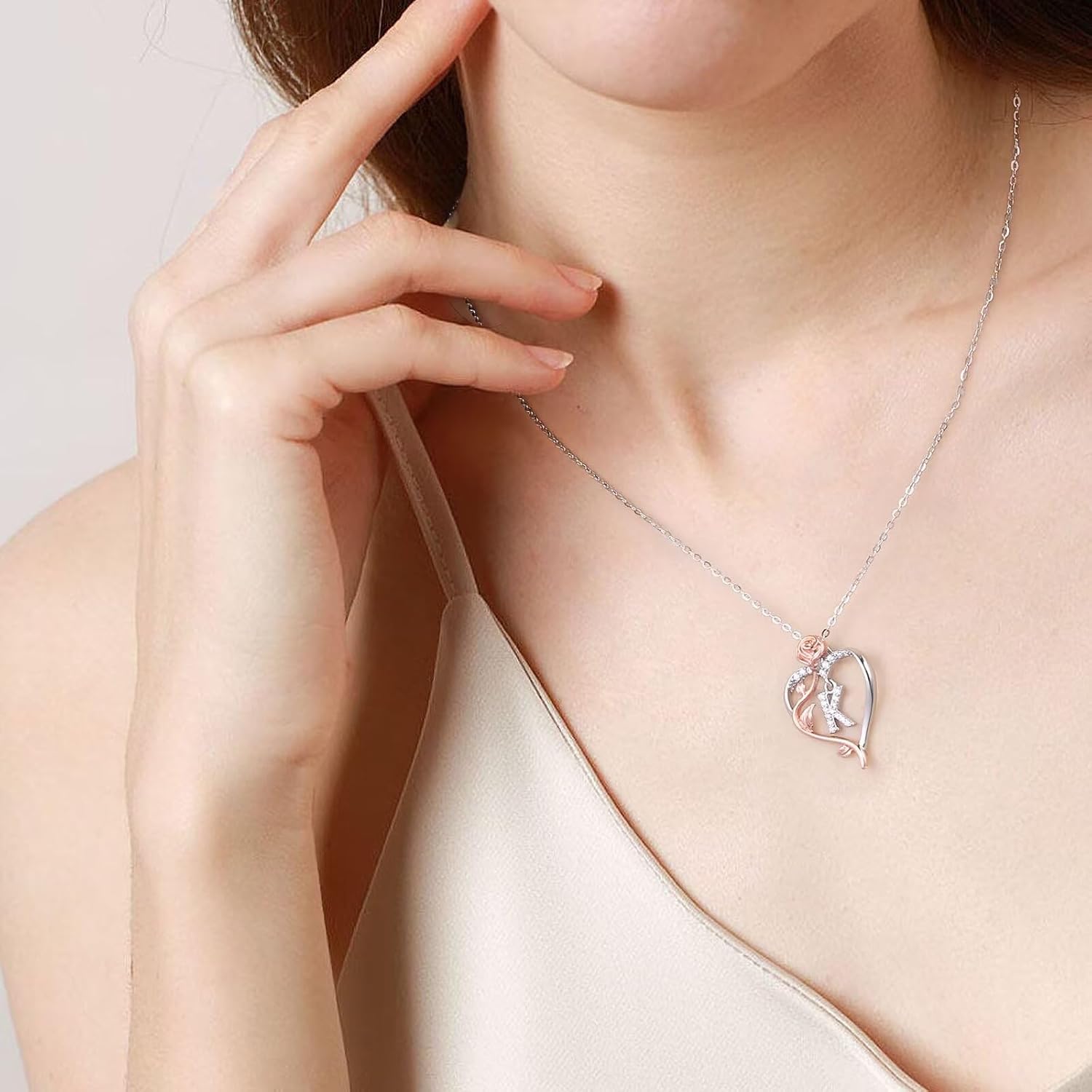 Detalle 2 de Iefil 925 Sterling Silver Rose Heart Necklace 18+2"