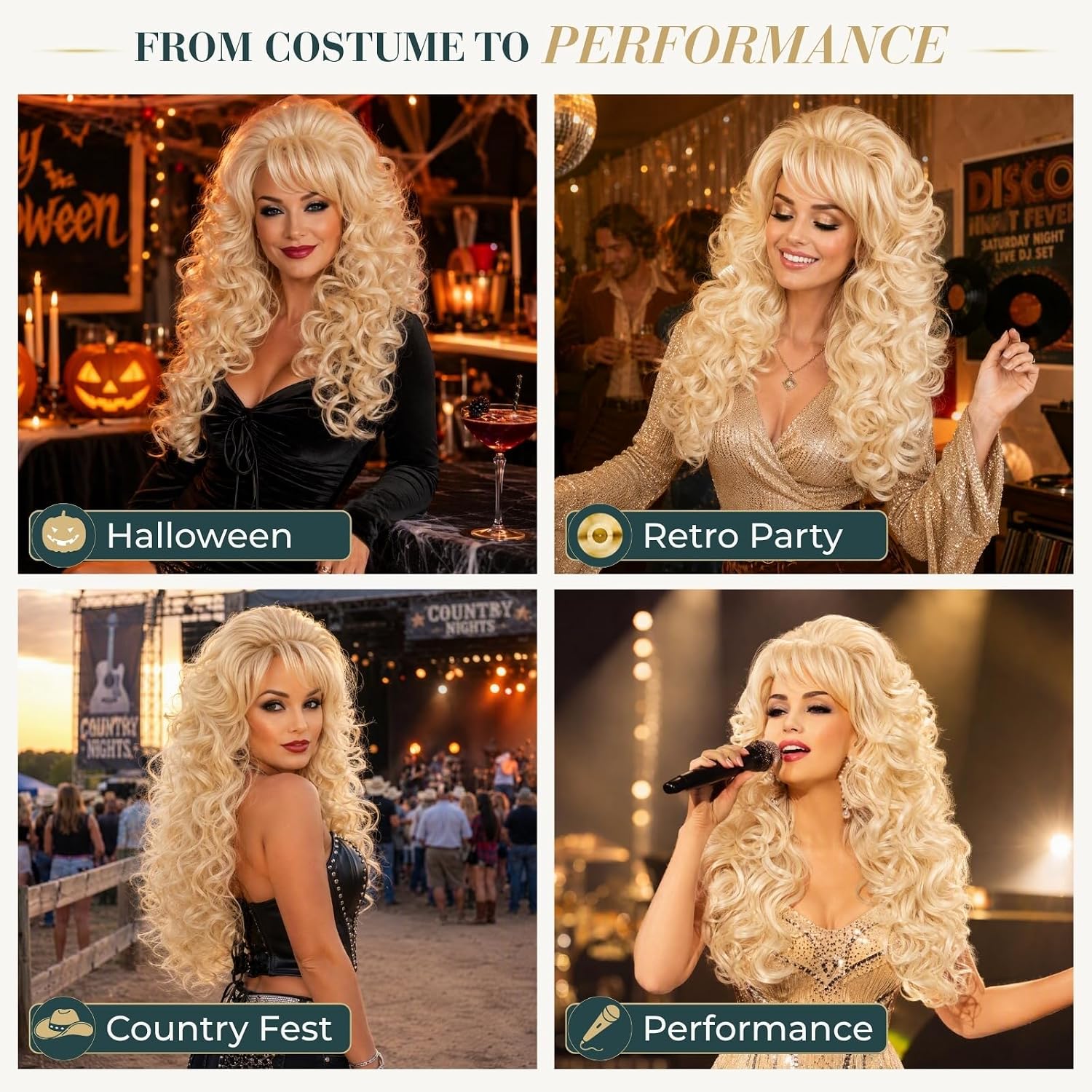 Thumbnail 6 de Long Blonde Curly Wig with Bangs, 24-Inch Retro Country Diva Costume Wig