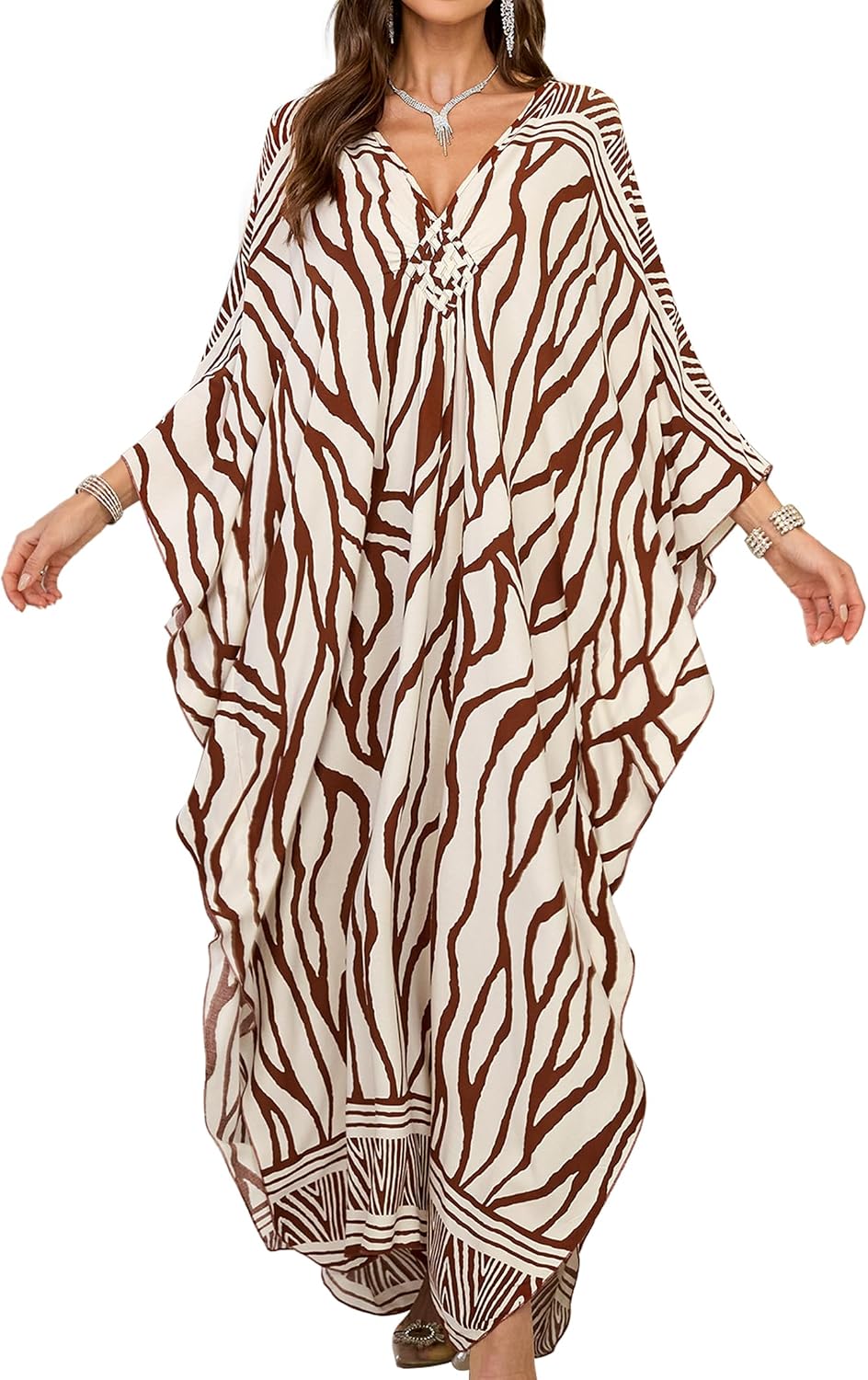 Detalle de Yanziliu Plus Size Floral Kaftan Dress with V-Neck and Batwing Sleeves