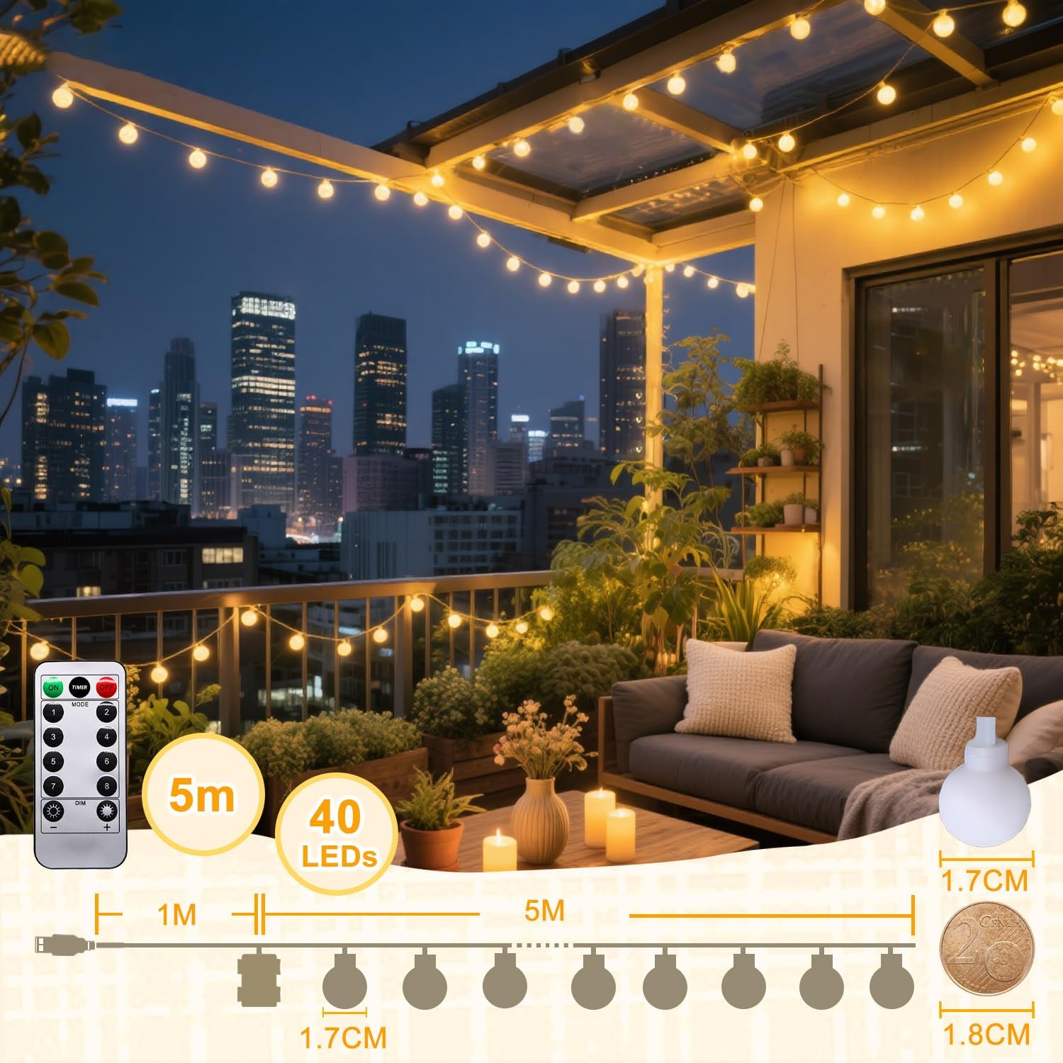 Thumbnail 3 de taiyongkang Lichterkette Innen – 6 m, 40 LED Globe, USB & Batterie betrieben, Timer & 8 Modi