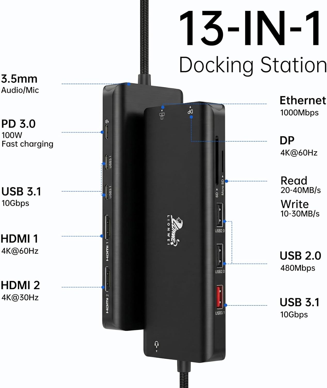 Thumbnail 1 de LIONWEI USB-C Docking Station 13-in-1: Triple Display, 100 W PD, USB-C Dock für Dell/HP/Surface