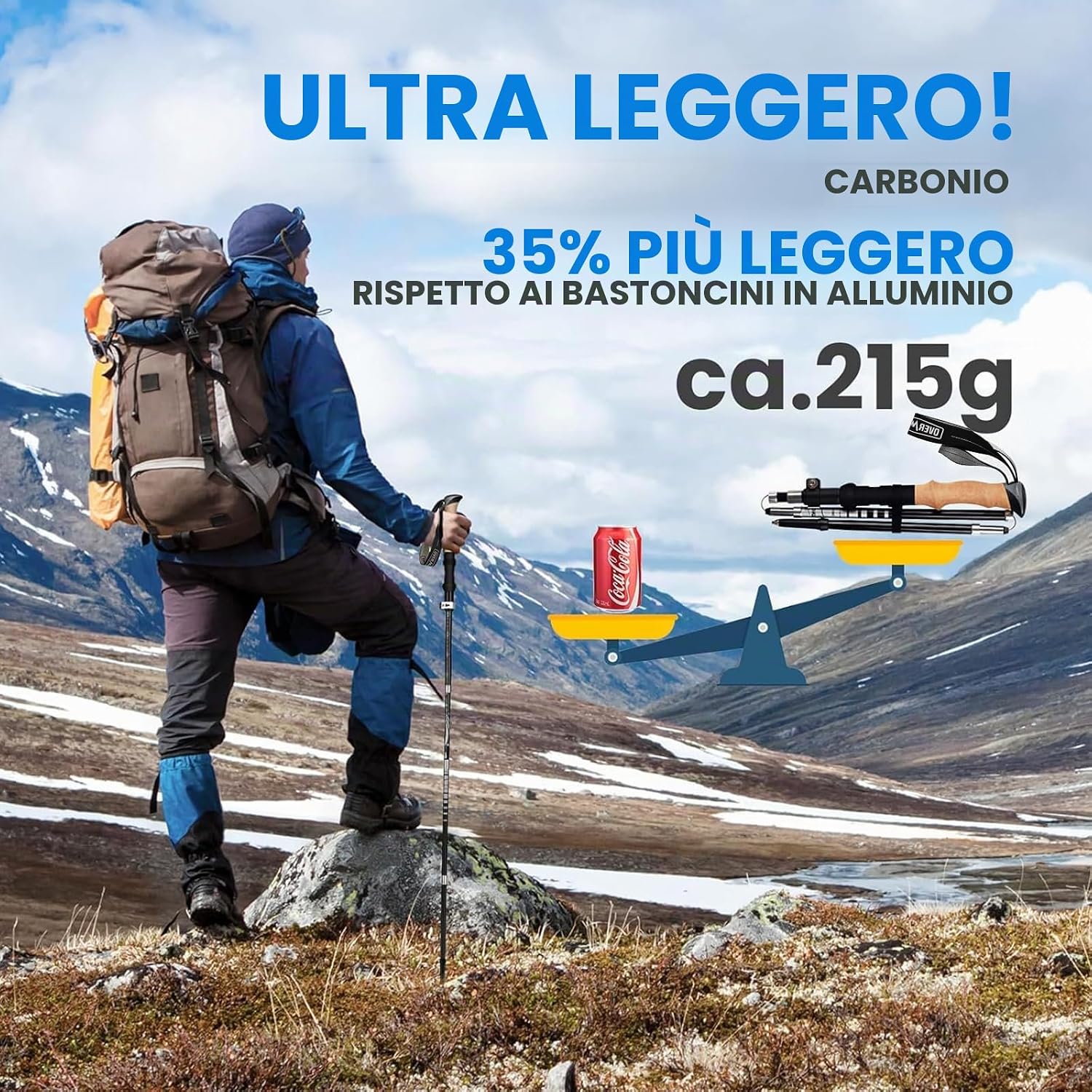 Detalle 2 de Overmont Bastoni Trekking e Escursionismo Pieghevoli in fibra di carbonio ultraleggeri – Regolabili 110–125 cm