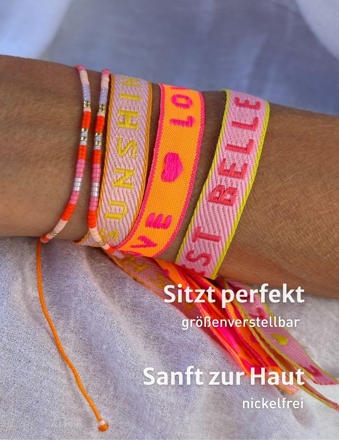 Detalle de Happymaker Stoffarmbänder – Boho Neon Set, handmade in Deutschland