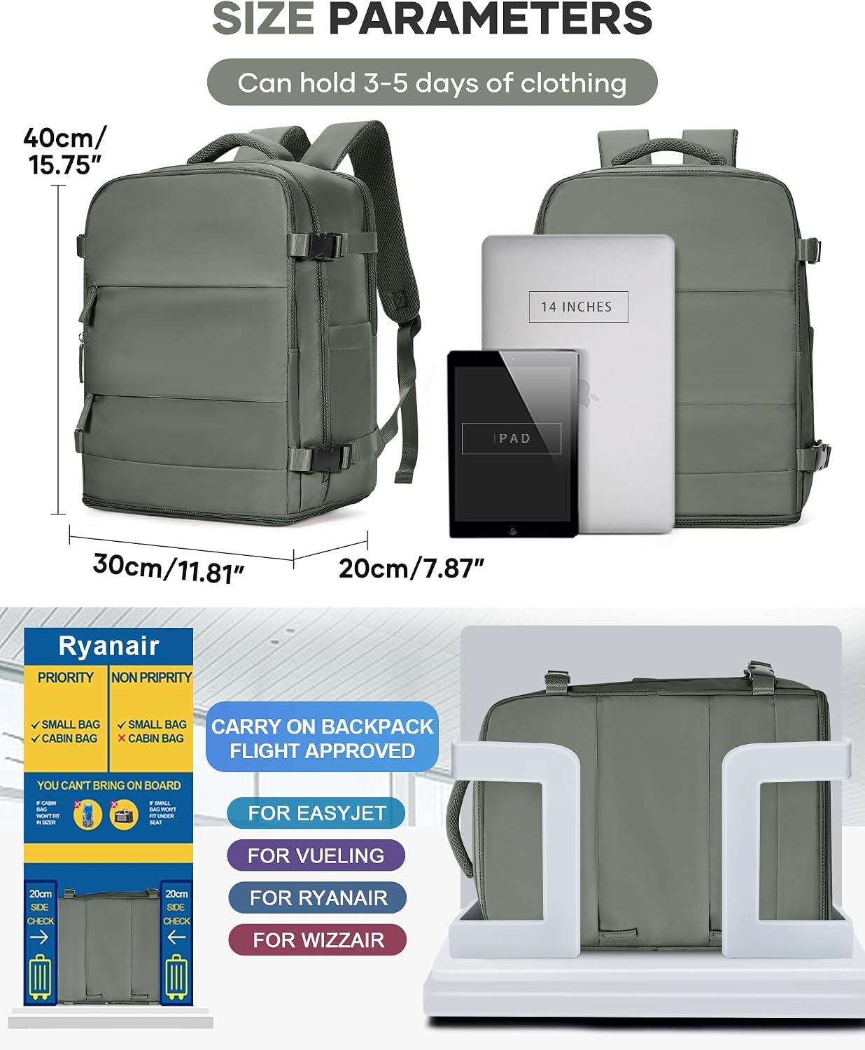 Detalle de BJLFS Mochila de cabina 40x30x20 para avión (Ryanair/Wizz Air/Vueling), portátil 17” y bolsillo seco-húmedo - Verde