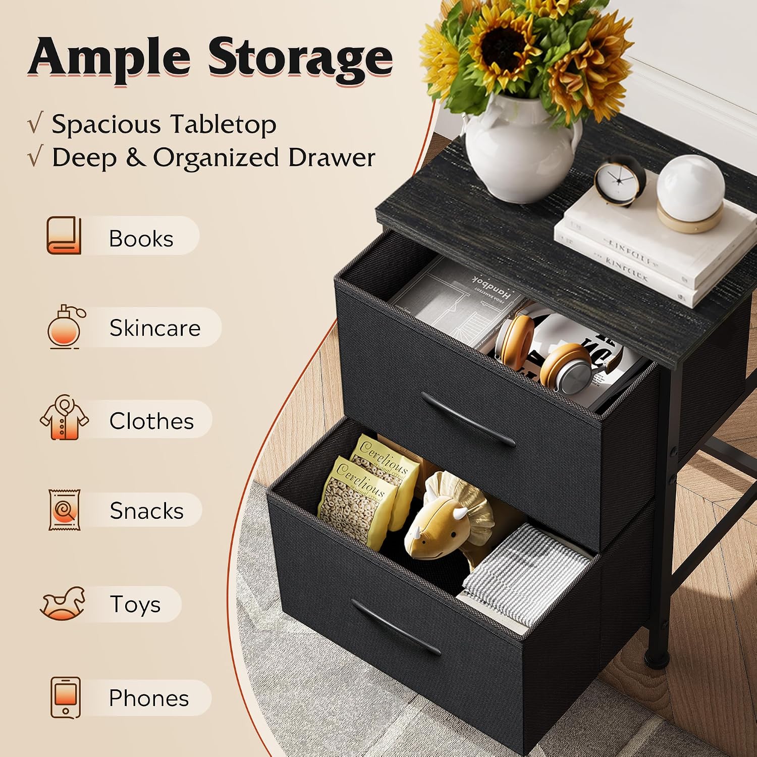Detalle 2 de WLIVE Black Night Stand small dresser with 2 drawers ๐