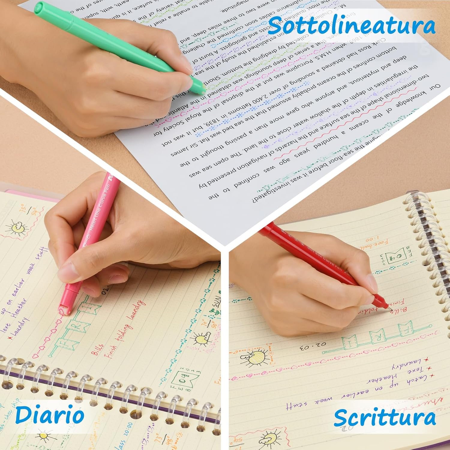 Thumbnail 4 de AECHY Penne Curve Colorate per Appunti: 18 colori, 18 tipi di curve, doppia punta