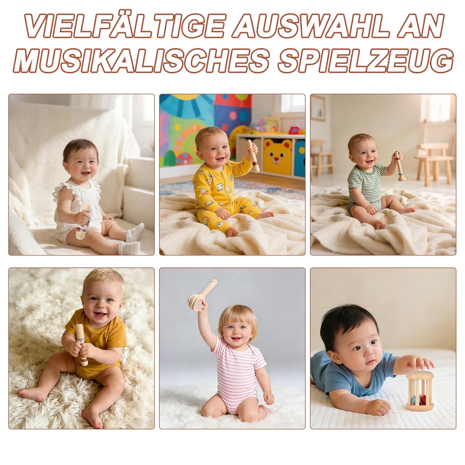 Thumbnail 5 de Lixstyea 6er Set Montessori Holz Baby-Rasseln – Musik-Sonajeros aus Holz für Babys & Kleinkinder (Farbe 2)