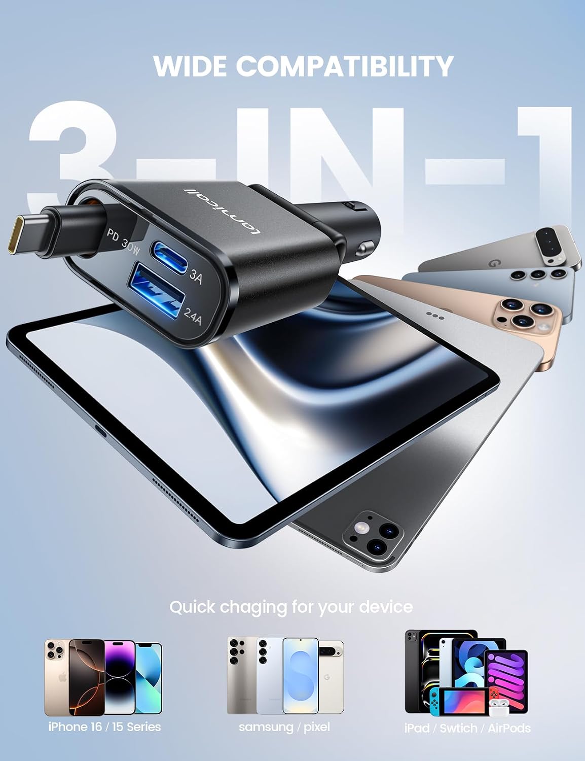 Detalle de Lamicall 57W 3-in-1 car charger adapter