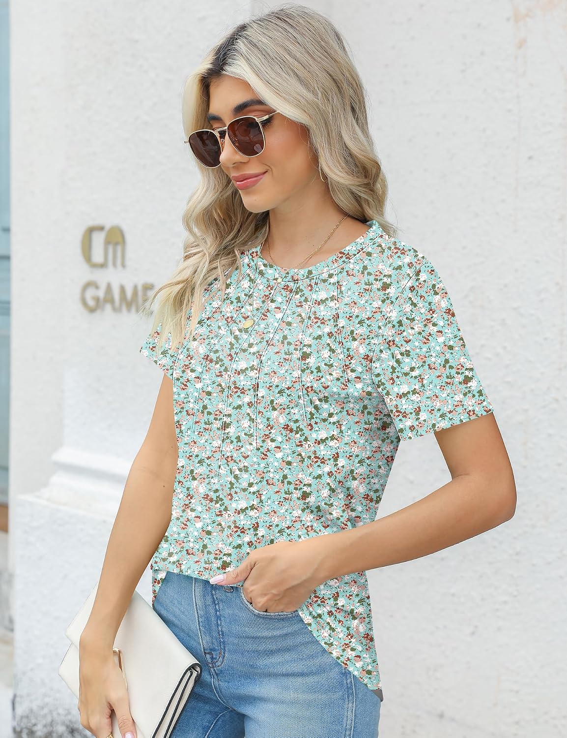 Detalle de Rapbin Women's Casual Short Sleeve T Shirt with Pleated Front Tunic