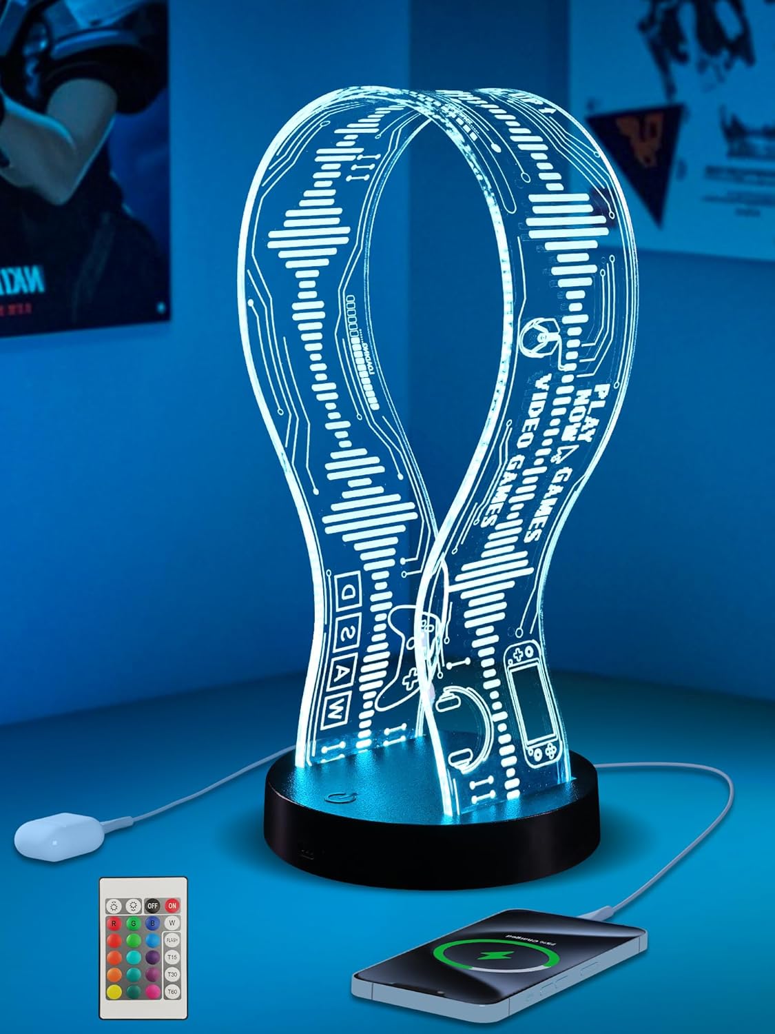 Detalle de CoolGift Mart Leuchtender Kopfhörerständer mit 16 LED-Farben, Gaming-Design und USB-/Typ-C-Anschluss