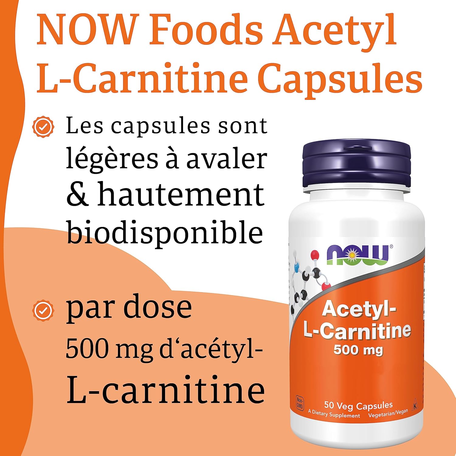 Detalle de Now Foods Acetyl-L-Carnitine 500 mg – 50 gélules végétaliennes