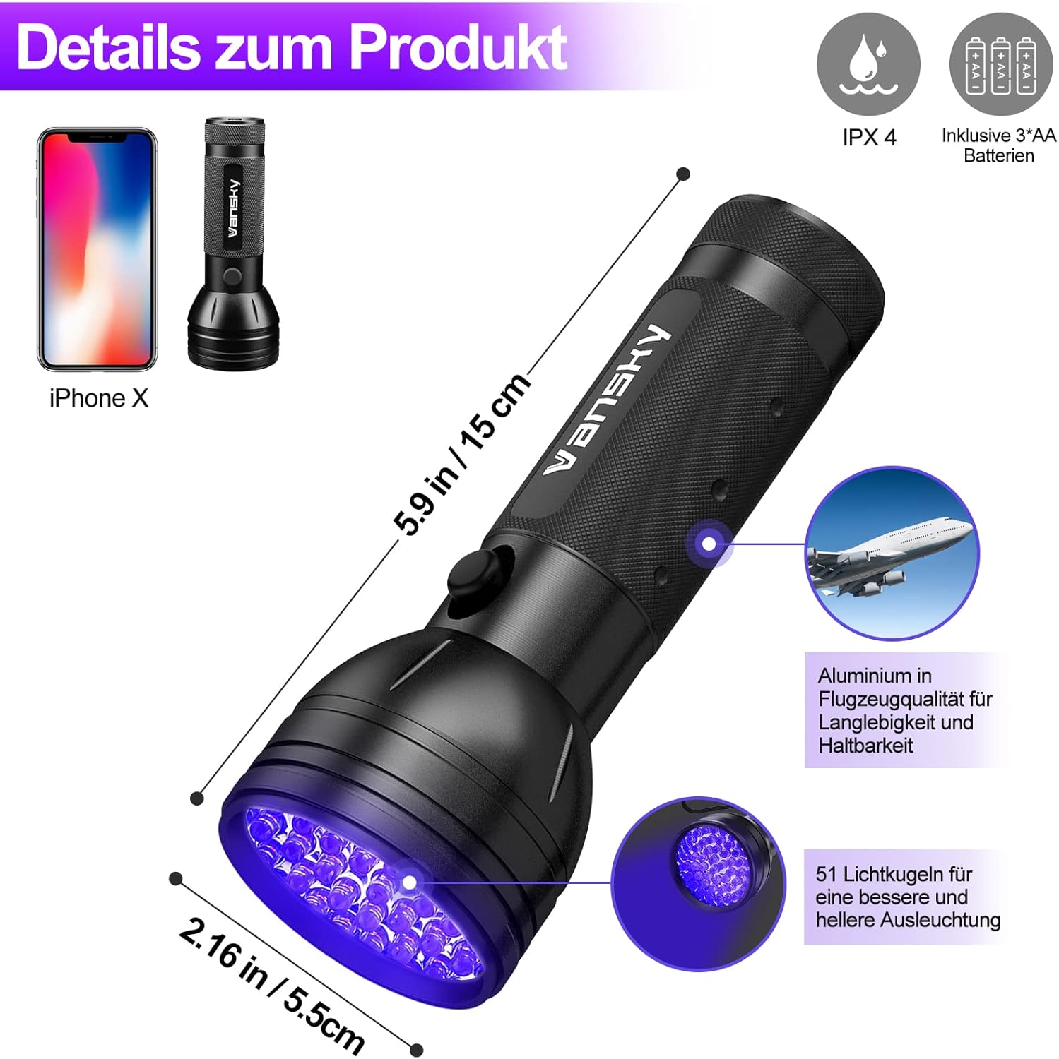 Thumbnail 5 de Vansky UV Schwarzlicht Taschenlampe 395nm