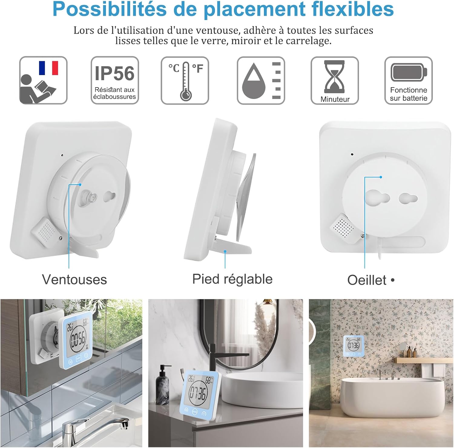 Thumbnail 1 de Horloge de salle de bain / douche tactile étanche avec alarme numérique LCD, thermomètre-hygromètre et minuterie (bleu)