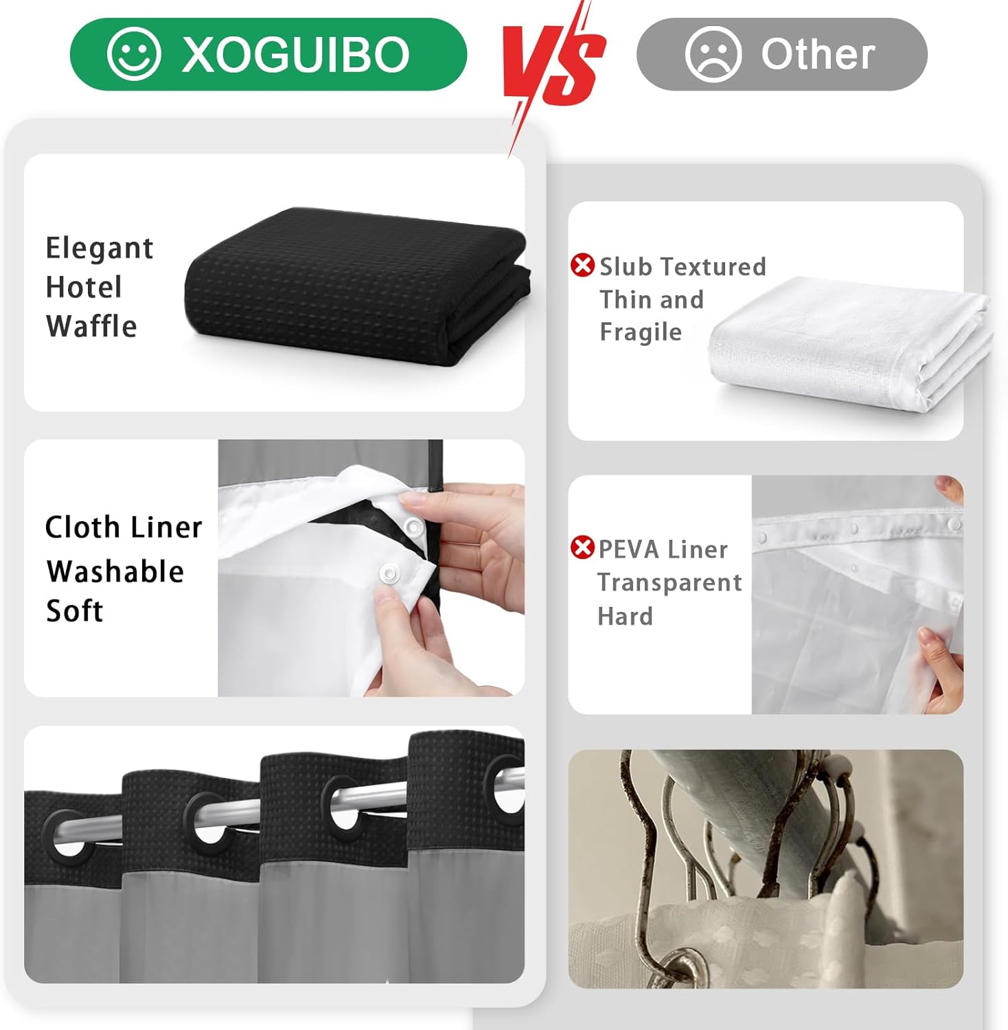 Thumbnail 4 de XOGUIBO No Hook Shower Curtain and Liner Set (Black Waffle, 75" x 72")